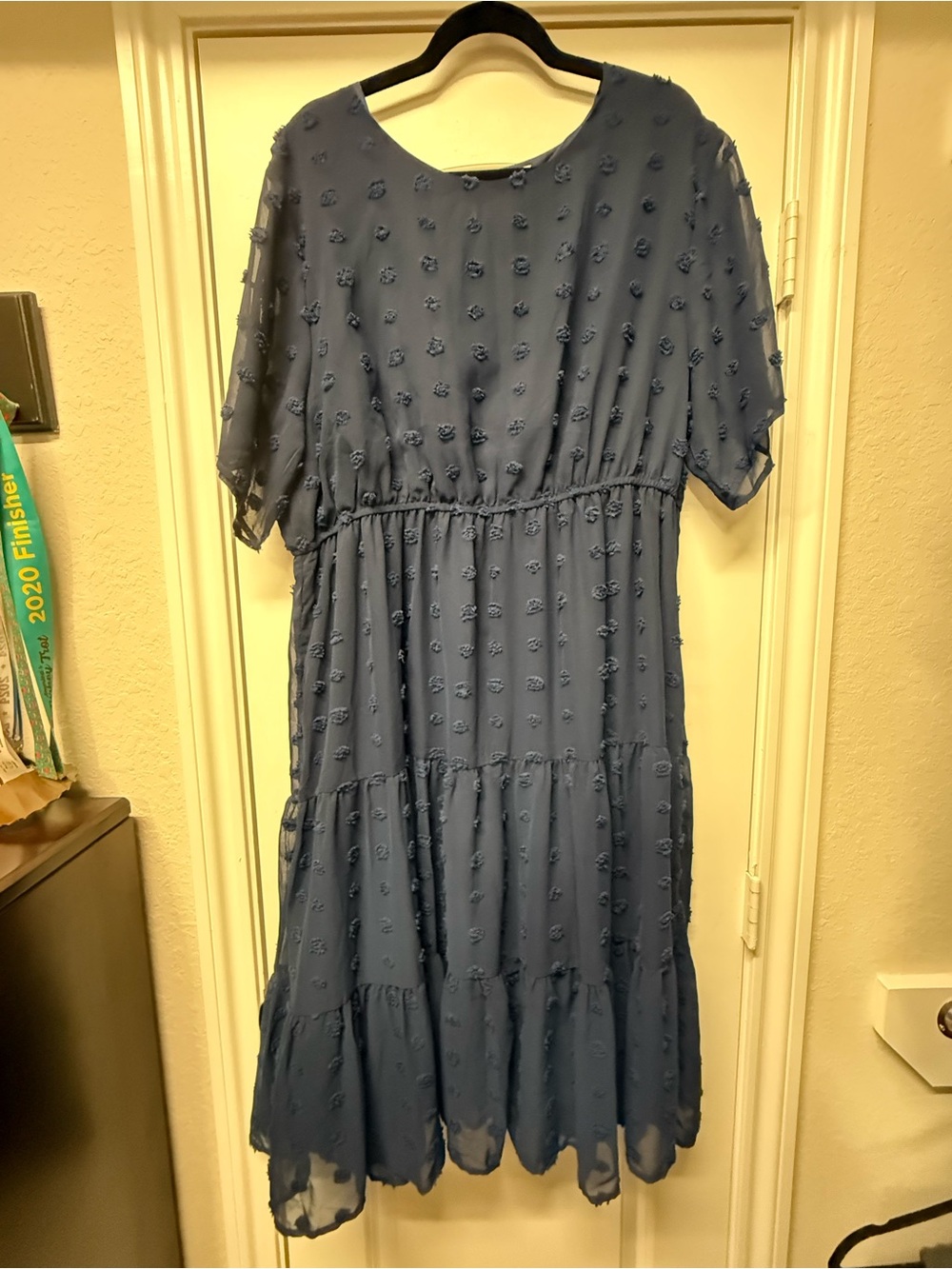 IN’VOLAND Navy Swiss Dot Tiered Midi Dress 20W | Sheer Flutter Sleeves